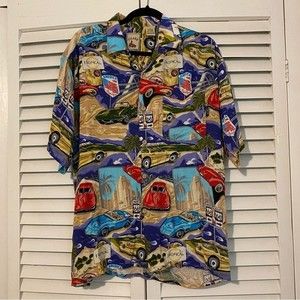 Vintage Island Collection Old Car Hawaiian Shirt size Medium 100% Rayon